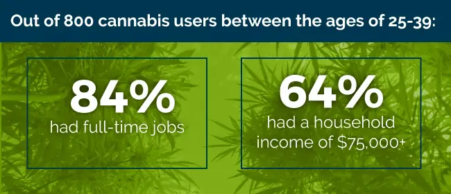 Out of 800 cannabis users between the ages of 25-39: 84% had full-time jobs and 64% had a household income of $75,000