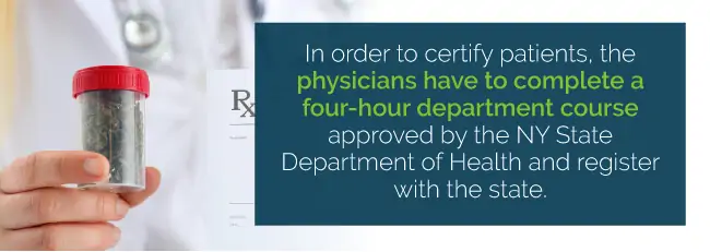 In order to certify patients, the physicians have to complete a four-hour department course approved by the by State Department of Health and register with the state