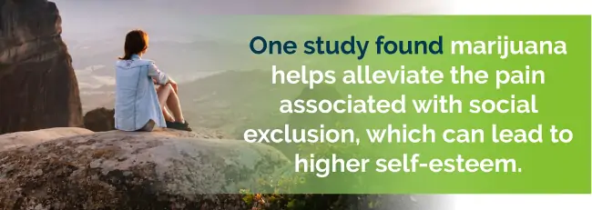 One study found marijuana helps alleviate the pain associated with social exclusion, which can lead to higher self-esteem