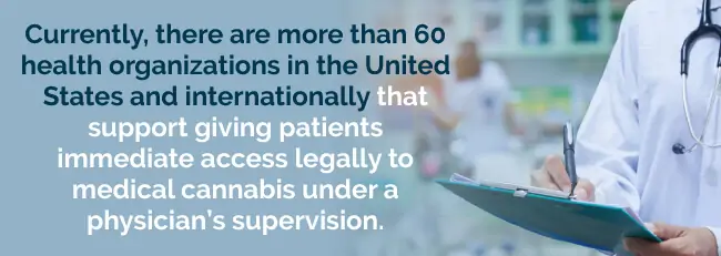 There are more than 60 health organizations that support giving patients immediate access legally to medical cannabis